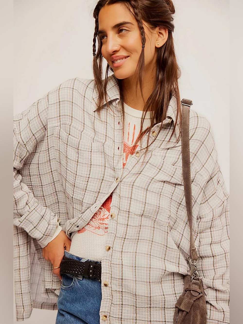 We The Free Cardiff Plaid Oversized Gauze Button Up Tunic Shirt Lilac Size Large - Picture 10 of 10